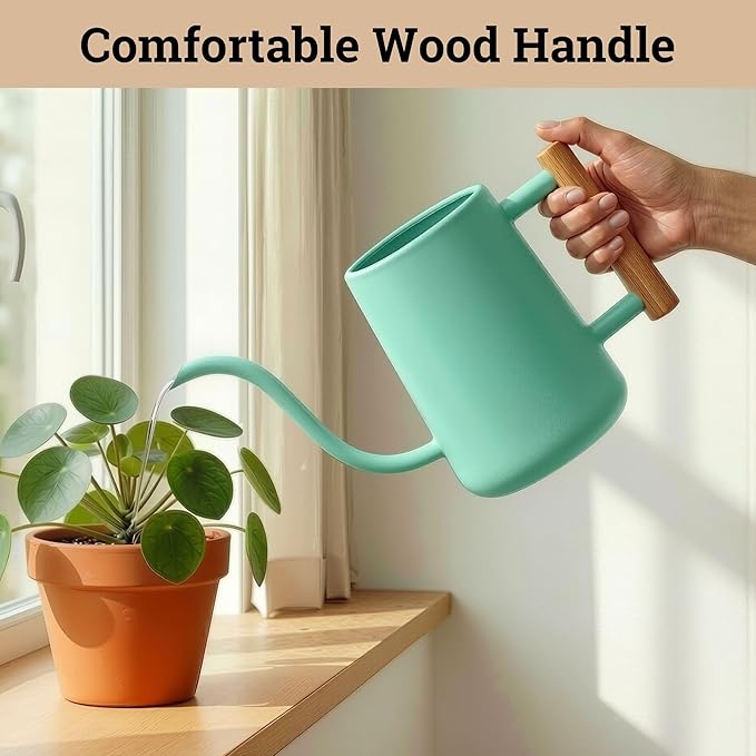 35 oz Metal Small Indoor Watering Can with Long Spout & Real Wood Handle for House Plants, Succulents, Cacti & Seedlings - Green Long Spout Watering Can Indoor Plants - Stylish, Gentle Flow, No Spills