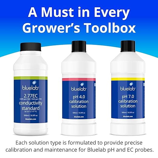 Bluelab Calibration Solution pH 4.0, 7.0 and 2.77 EC Conductivity Solution, 500 ml Each