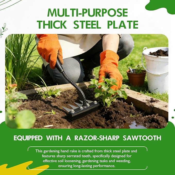 Carbon Steel Garden Hand Rake, Garden Hand Rake Tool, Iron Weeding Rake 2.0, Iron Rake for Yard Lawn and Garden, Heavy-Duty Gardens Hand Weeder Puller Tool for Gardening and Weedings(5 Teeth)