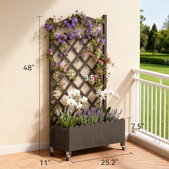 COMHOMA Raised Garden Bed with Trellis and Wheels,48Inch Elevated Planter Box with Drainage Holes,Lattice Privacy Screen for Climbing Plants Vegetables,Outdoor for Patio Balcony Yard,Brown