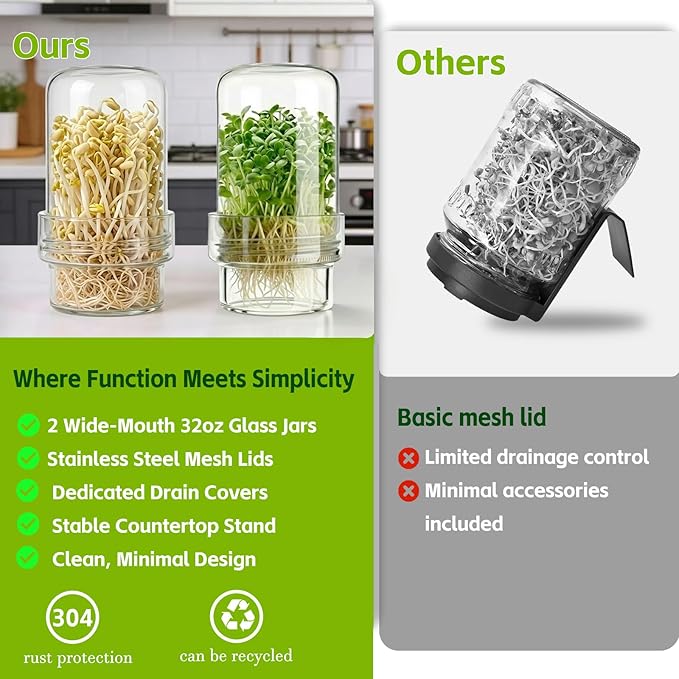 Seed Sprouting Kit 2 Wide Mouth Mason Jars with Stainless Steel Screen Lids & Drip Covers Complete Sprouter Growing Kit for Broccoli, Alfalfa, Mung Beans Home Gardening Gift for Adults & Kids