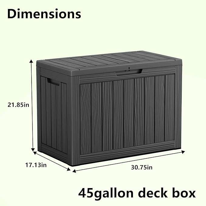 Vixzen 45 Gallon Resin Deck Box, Lockable Outdoor Storage Box for Patio Cushions Storage Furniture,Garden Tools, Pool Supplies, Weatherproof and UV Resistant（Black，45 Gallon）