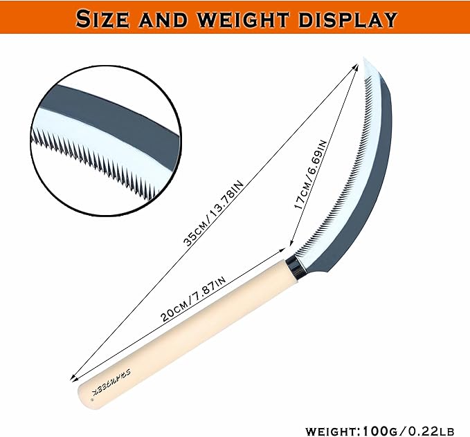 Grass Sickle with Sawtooth Japanese Weeding Hoe Garden Hand Tool Weeding Tools for Garden High-Strength Steel with Solid Wood Handle (White)