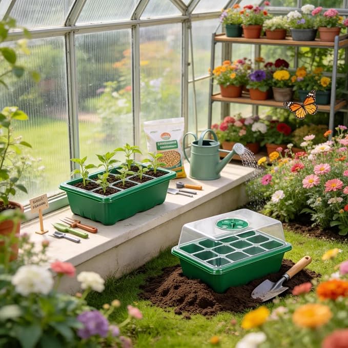 10 Pack Seed Starter Kit, 120 Cells Thickened Seed Trays with Humidity Dome, Base & Gardening Tools, Mini Greenhouse Germination Kit for Indoor Outdoor Vegetable Flower Growing