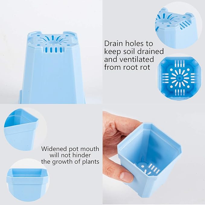 foxany 3" Plants Nursery Pot, 30 Pcs Thick Plastic Square Flower Planting Pots, Plant Seedling Pots, 30 Seed Starting Pots with 30 Saucers -Blue