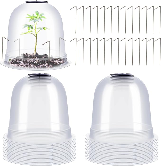 Zopeal 30 Pcs Small Garden Cloche Humidity Plant Dome 7.68'' Dia x 6.7'' H Reusable Thick Garden Protector Bell Covers Clear Plastic Dome Mini Greenhouses with 80 Securing Pegs for Winter Outdoor Seed