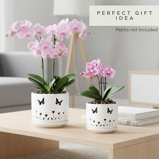 2 Pack, 5 + 6 Inch White Orchid Pots with Butterflies and Tulips Holes and Saucer, Ceramic Orchid Planters for Repotting with Drainage Holes and Tray Indoor Outdoor, Butterfly Gift