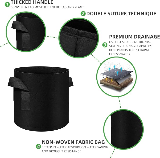 5 Pack 5 Gallon Grow Bags, Heavy Duty Thickened Nonwoven Fabric Pots with Handles, Planter Grow Bags for Vegetables/Flower/Plant/Fruits, Black