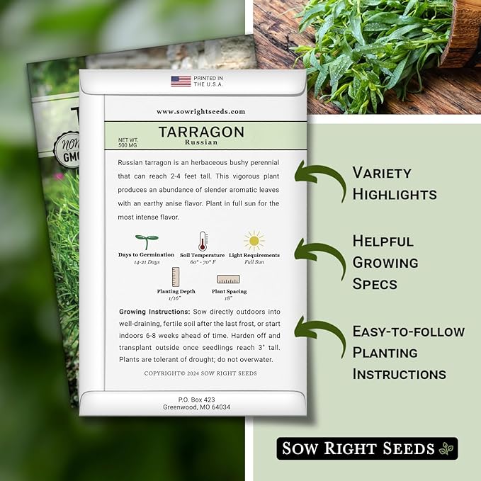 Sow Right Seeds - Russian Tarragon Seeds for Planting - Little Dragon - Non-GMO Heirloom Packet with Instructions for Planting a Beautiful Herb Garden - Rare Culinary Herbs for Home Gardening (1)