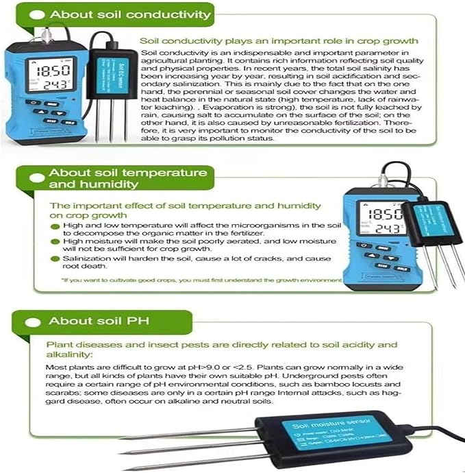 7 in 1 Soil Tester, NPK Nutrient, PH, EC, Temperature and Humidity, Digital Display, for Fertility Test