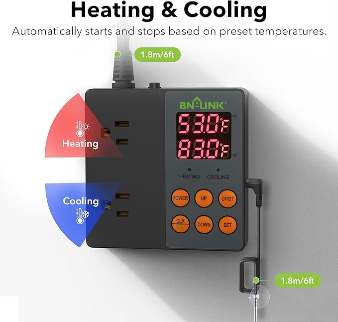 BN-LINK Smart WiFi Digital Temperature Controller Heating Cooling, Works with Alexa and Google Home. For Reptiles Aquarium Carboy Homebrew Breeding Fermenter Seed Germination °C/°F -40-176°F 15A/1875W