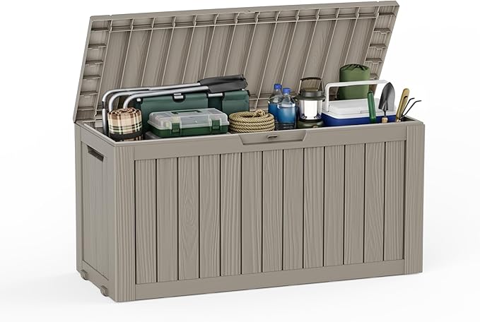 85 Gallon Outdoor Storage Deck Box Waterproof Resin Lockable Outside Bench Porch Patio Furniture Pool Float Garden Tool Cushion UV Resistant Bin Beige