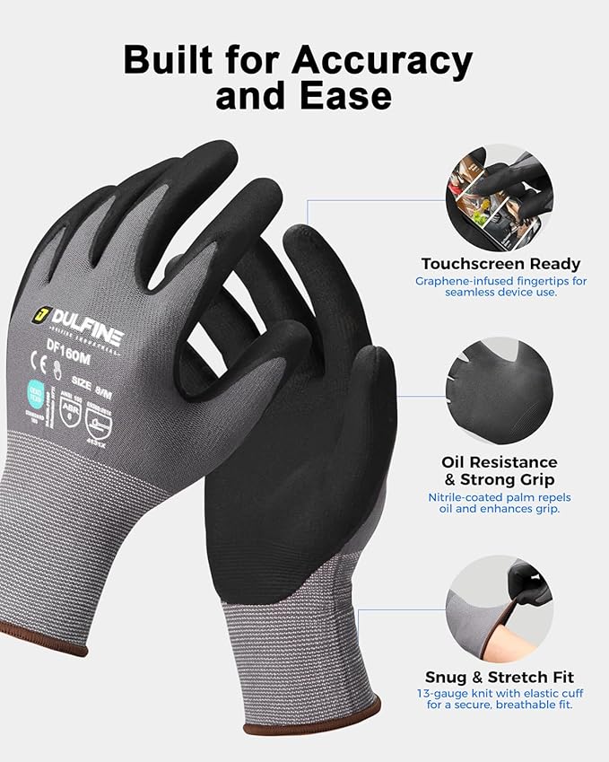 DULFINE Safety Work Gloves MicroFoam Nitrile Coated-3 Pairs Pack,Seamless Knit Nylon Glove with Black Micro-Foam Nitrile Grip,Ideal for General Purpose,Automotive,Home Improvement,Painting(Medium)