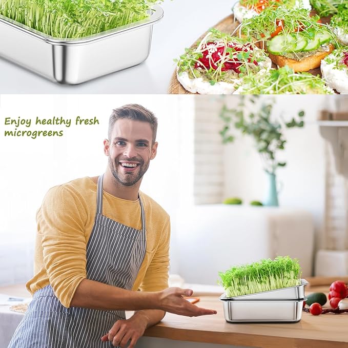 FANHAO 2-Pack Sprouting Tray Kit, Stainless Steel Soil-Free Cultivation Germination Tray, Healthy Wheatgrass Grower Sprouting Container Kit Nursery Tray for Indoors Plant Seedling