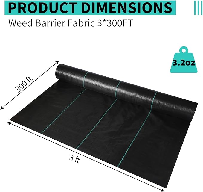 GarveeLife 3 x 300 ft Weed Barrier Fabric,3.2 oz Landscape Fabric,Heavy Duty PP Ground Cover for Gardening,Farming