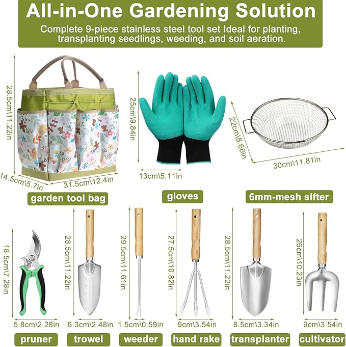 Soil Sifter & Garden Tool Set,Sand Soil Compost Sifter 1/4 Inch Mesh,Stainless Steel Tools with Organizer Bag,Gardening Kit for Weeding, Planting, Digging,Gardening Gifts for Women Men