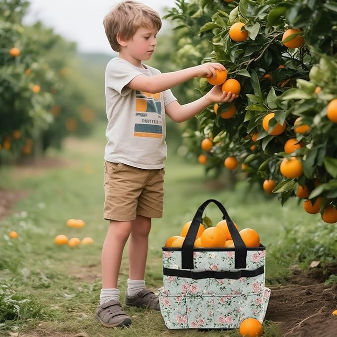 Rose Print Garden Tool Bag Portable Gardening Tool Organizer Bag with 10 Pockets and Handle Tool Carrier and Storage for Garden Lawn Yard Casual Camp
