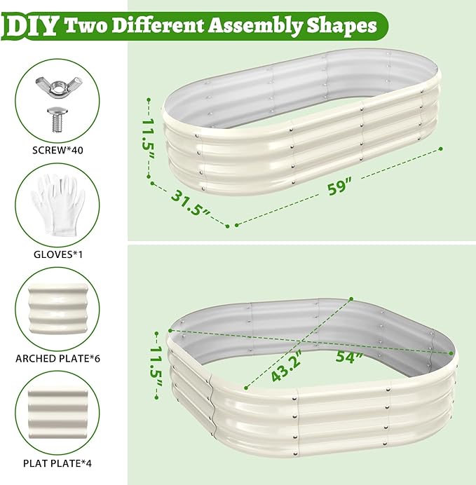TBMLC Oval Galvanized Planter Box, Metal Raised Garden Bed - 0.8MM Thick- Ideal for Outdoor Gardening and Planting of Vegetables Flowers Fruits Succulent Plants and Others (White, 5X2.7X1 FT)