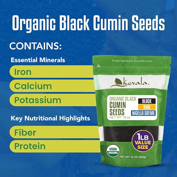 Kevala Organic Raw Black Cumin Seeds (Nigella Sativa) - Gluten Free Seasoning for Salads, Vegan Option for a Variety of Diets, For Healthy Cooking in Restaurants, Kitchen Staple, 1lb, 16 oz