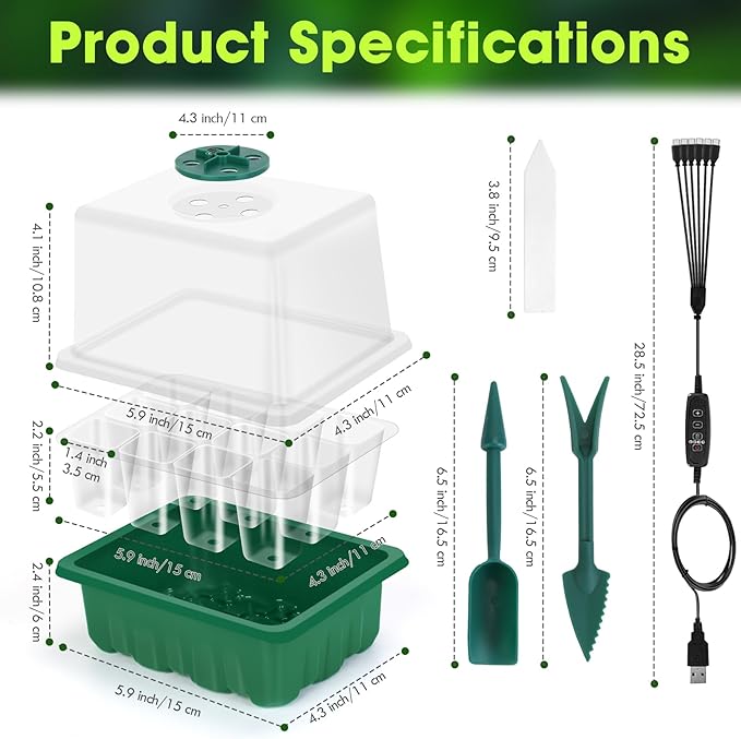 Seed Starter Kit with Grow Light, Flantor 72-Cell (6 Pack) Seed Starter Kit with Full Spectrum Grow Light, Auto Timer & Adjustable Brightness, 12-Cell Trays, Humidity Domes and 30 Plant Labels