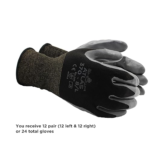 SHOWA Atlas 370B Professional Nitrile Work Gloves, Breathable High-Dexterity Precision Grip for Landscaping, Gardening & Assembly, General Purpose Gloves, Black, Small, 12-Pack