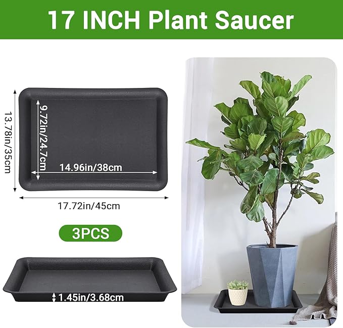 GREANER 17 Inch Plastic Plant Saucer, Black Trays for Plants, Flower Pot No Holes Plant Drip Trays, Heavy Duty Plastic Plant Saucers for Indoors Outdoors