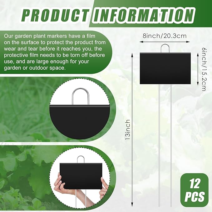 Landhoow 12 Pcs Large Garden Plant Markers Metal Plant Labels Sign 6'' x 8'' with 13'' Stake Weatherproof Waterproof Garden Sign for Outdoor Seedlings Herbs Vegetable Greenhouse, Black