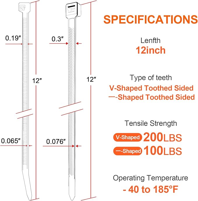 12"─-shaped & V-shaped double-sided tooth zip ties white. ─: 100lbs, V: 200lbs tensile strength. Heavy-duty, self-locking, adjustable, durable nylon ties for indoor/outdoor use. (40V+60─)