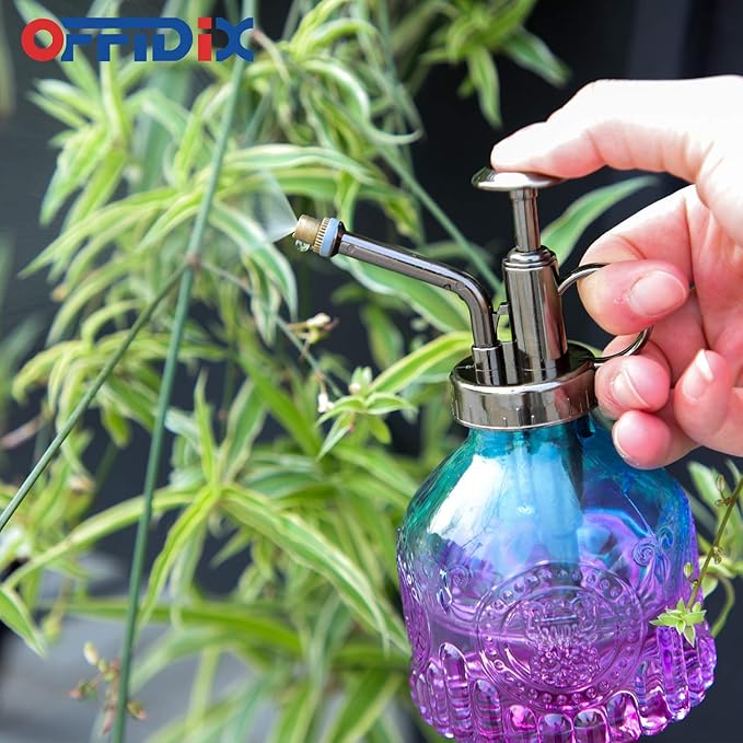 OFFIDIX Glass Plant Mister Spray Bottle, Mini Vintage Spritzer, Indoor/Outdoor Watering Can with Bronze Plastic Top Pump