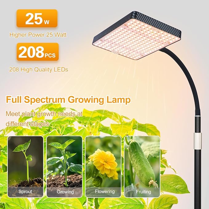 FECiDA 2026 Floor Lamp Grow Light, Grow Lights with Stable Stand Base for Indoor Plants, Bonsai Tree, 4/8/12/16/20 Hr Timer, 25 Watt Power Draw, NO Need Adapter, 40"-76" Height Adjustable