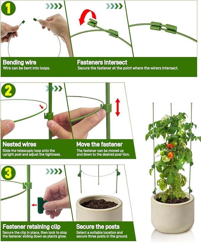 4 Pack Tomato Plant Cages, Adjustable Plant Support with Sliding Clips, 35.4 Inch Metal & Plastic Tomato Trellis for Garden Vegetables