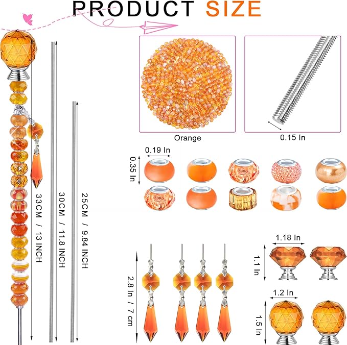 121 Pcs DIY Fairy Wand Beaded Garden Stakes Kit, Fairy Wands Garden Kit Orange Large Hole Bead with Pendants Crystal Stopper Top Threaded Rod Beaded Garden Stakes Supplies for Outdoor Decorative
