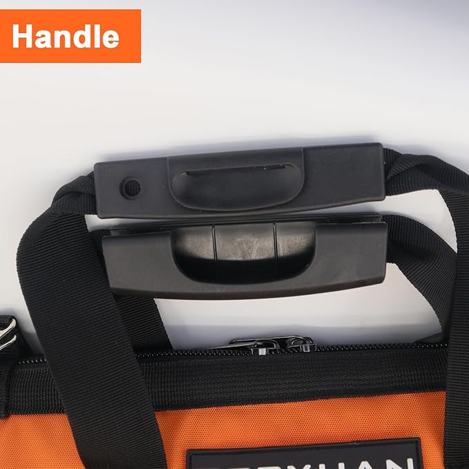 16 Inch Heavy Duty Tool Bag - Molded Plastic Base, Waterproof 900D Oxford Cloth, 16 Pockets Wide Mouth Tool Organizer with Shoulder Strap for Power/Hand Tools (Orange)