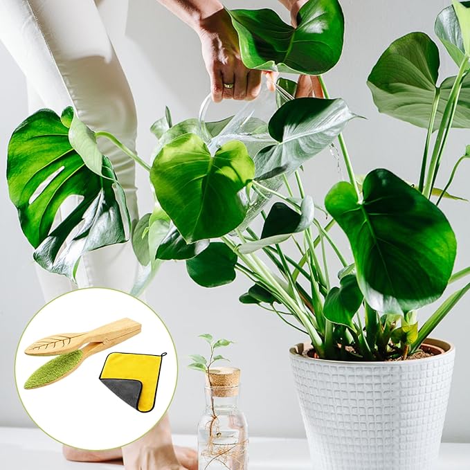 Leaf Cleaning Tongs, Plant Leaf Cleaner, Plant Duster and Leaf Cleaner for House Plants, Gentle Dust Removal Tool for Indoor Plants, 2-Piece Set with Cleaning Brush and Towel