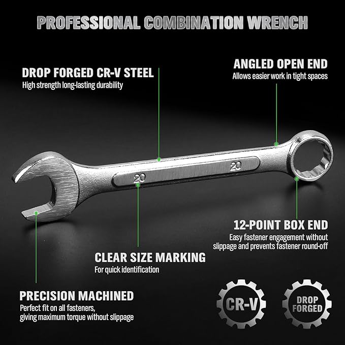 19-Piece Metric Combination Wrench Set, 6-24mm Standard Spanner Wrench Set, Mechanic Tool Sets with Rolling Pouch, Open End Wrenches for Household, Garage, Workshop, Auto Repairs