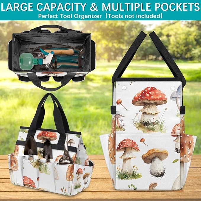 Garden Tool Bag Organizer Garden Tote Bag with Pockets Types of Mushrooms Tool Storage Organizer Gardening Tool Kit Holder 13" x 6.8" x 2.8"