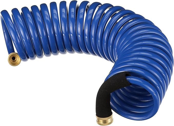 Attwood 11871-7 Spiral Watering Hose — Weatherproof, Kink-Free, 25 Feet Long, ¾-in. End Fittings, 3/8-In. Interior Diameter, Blue