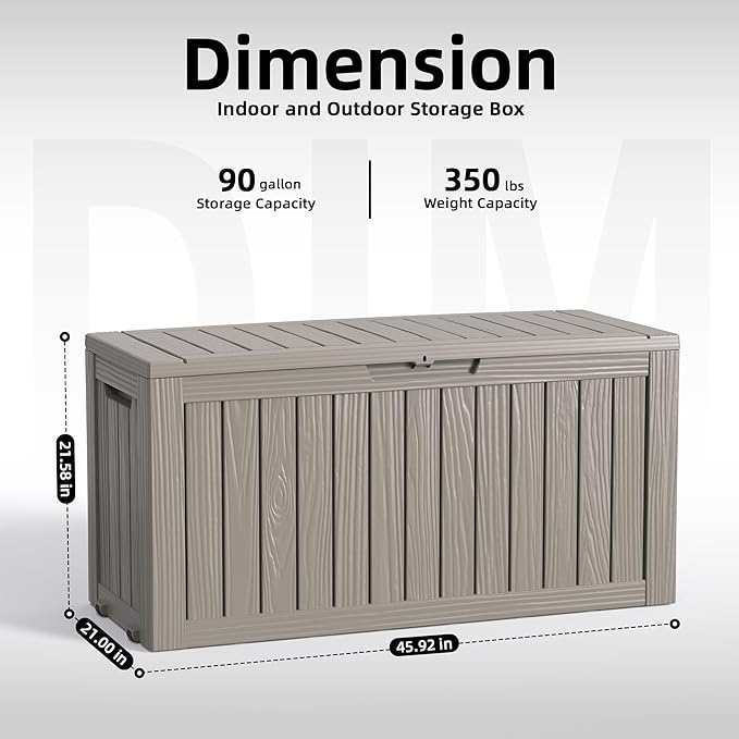 ROJIK 90 Gallon Waterproof Outdoor Deck Storage Box, Lockable Resin Patio Storage Bin with Lid for Garden Tools, Patio Cushions & Outdoor Accessories(Grey)