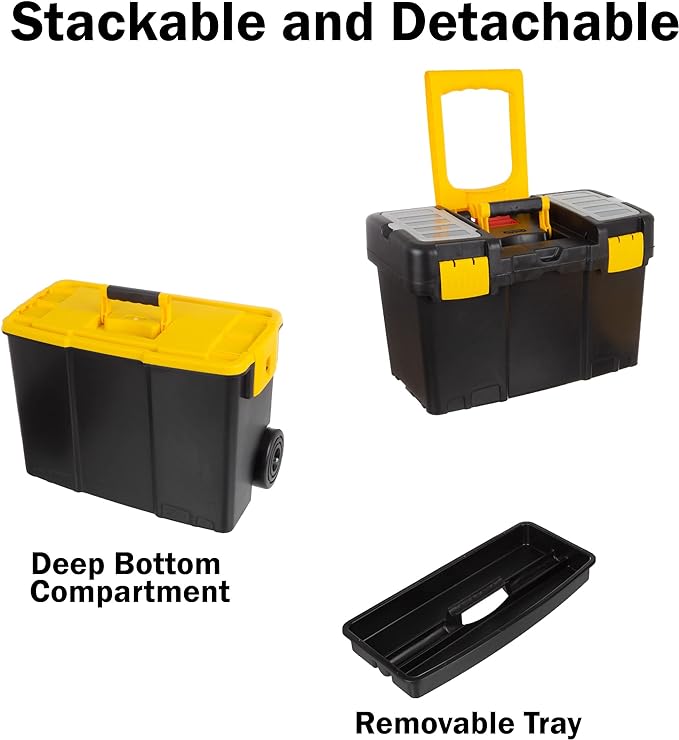 Portable Tool Box with Wheels - Stackable 2-in-1 Tool Chest with Fold-Down Comfort Handles, Tough Latches, and Removable Storage Trays by Stalwart