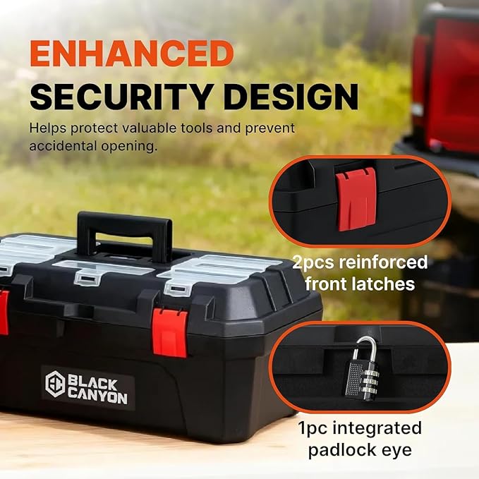 Black Canyon 17 Inch Plastic Tool Box, Support up to 44 lbs,Dual-Layer Design, Flexible for Stacking, Top-Lid Storage, Ideal for DIY, Workshop