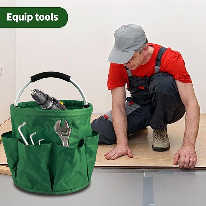Gardening Storage Tote with Handle and 6 Pockets, Folding Garden Tool Basket, Storage Bag for Outdoor Picnic Organizer, 17L Cleaning Organizer, Bathroom Organizer, Garden Tool Kit Holder (Green)