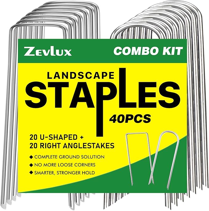 Landscape Staples 4 Inch, 40PCS Combo Kit – 20 U-Shaped & 20 Right Angle Galvanized Garden Stakes for Weed Barrier, Lawn & Garden Fixing
