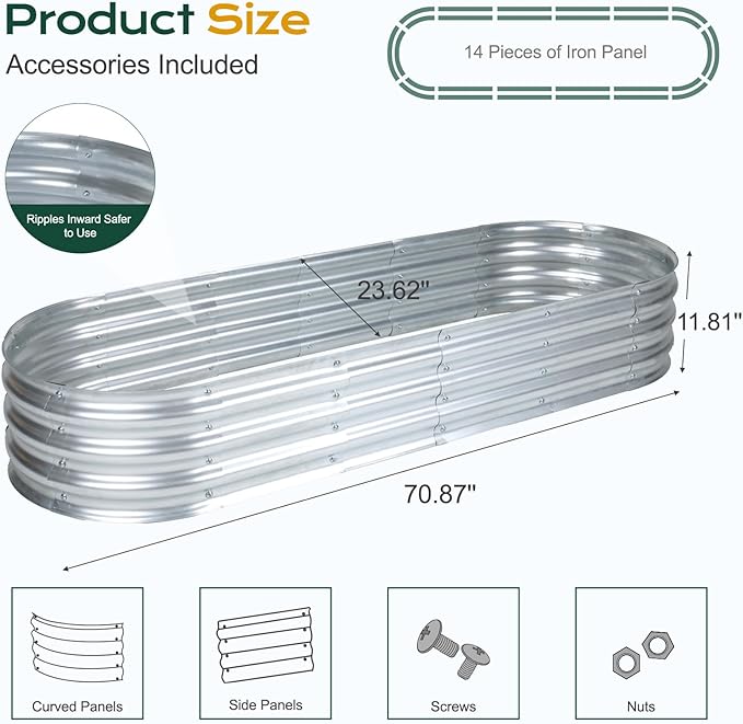 Aoodor Galvanized Raised Garden Bed Kit, 6 x 2 x 1 Ft, Oval Planter Boxes for Vegetables, Flowers, and Herbs, Outdoor Use, Silver