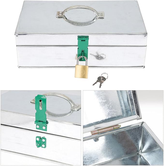 LIFKOME Garden Tool Storage Box with Lock and Handle, Metal Gardening Tools Organizer Case 25x14x7cm, Multipurpose Sundries Holder for Outdoor and Garage Use