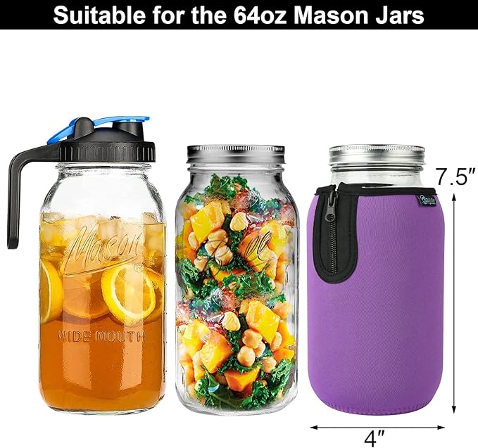 Beautyflier Wide Mouth Mason Jars 64oz Sleeve, Large Clear Glass 2 Quart Insulators Covers, Wide Mouth Half Gallon Sprouting Mason Jars Blackout Sleeves, Bottle Not Included (Purple)
