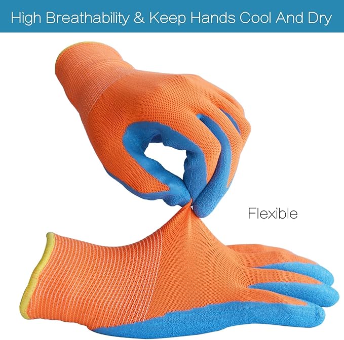 Kids Garden Gloves - 3 Pairs in Orange, Yellow & Green - Lightweight, Breathable, Flexible, Rubber Coated Palms