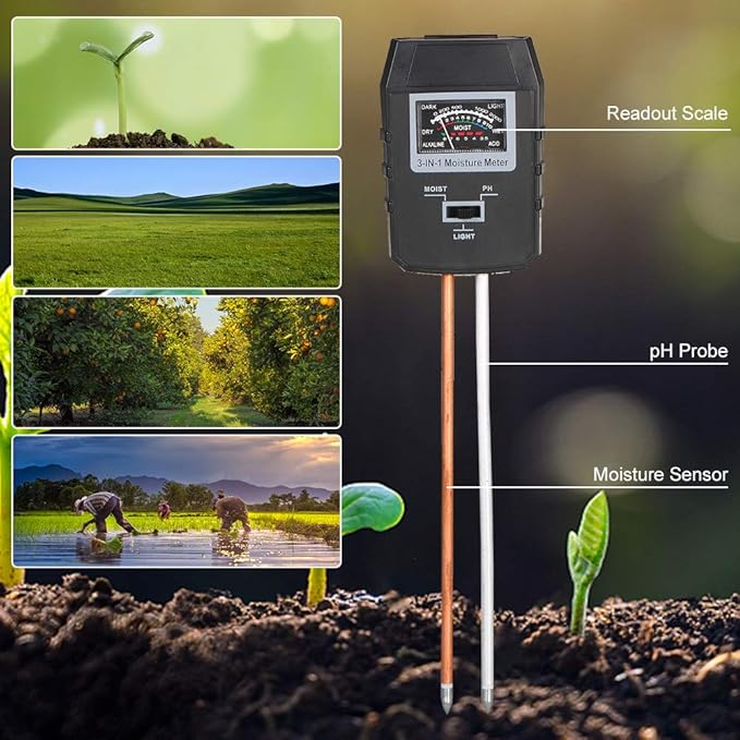 Soil pH Light Meter 3 - in - 1 Soil Test Kit No Battery Required for Indoor Outdoor Garden Lawn Farm - Rust - Proof, Portable Design, Easy Operation