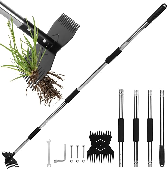 Garden Weed Tool,Portable Gardening Weeder Tool,63" Weeding Tools Gardening Long Handle,Easy Weeding Without Bending or Squatting Down,Suitable for Farm Planting,Gardening(Black 24 Claws)