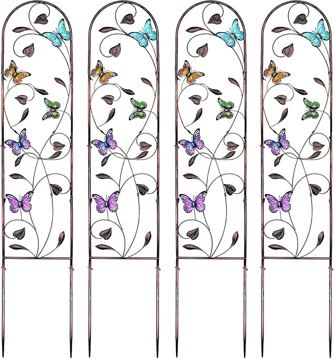 4 Pack Metal Garden Trellis with Colorful Butterfly, Outdoor Decoration Arched Fence Trellis for Climbing Plants for Patio, Backyard, Lawn, Wall Brackets
