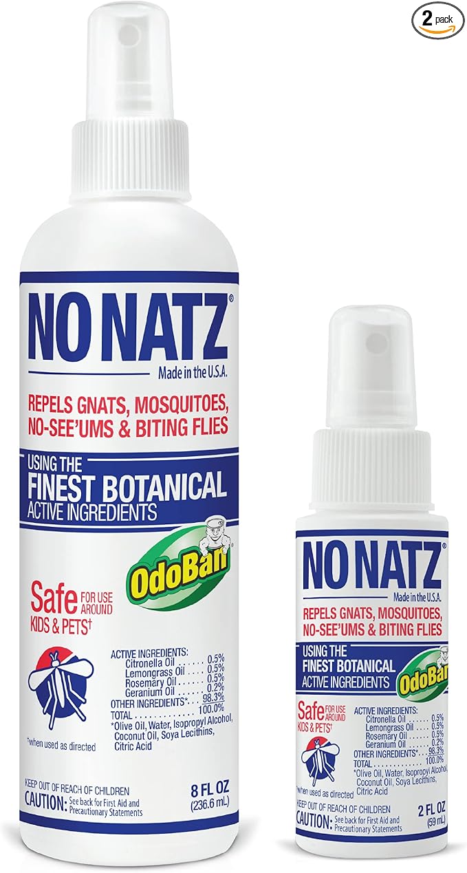 No Natz Botanical Insect Repellent, DEET-Free, Made with Natural Essential Oils, Non-Greasy Formula, Made in The USA, Fresh Scent, 8 Ounce and 2 Ounce Spray Bottle, 2-Pack
